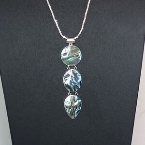 Abalone Shell Pendant Drop Necklace Triple Teardrop Circle Design Chain Sterling